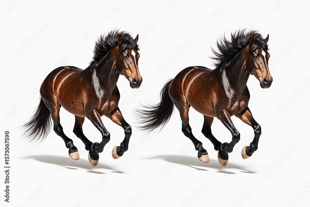 Fototapeta premium Two Horses in Full Stride: A captivating image of two majestic horses, captured in dynamic motion against a neutral background, showcasing their power and grace as they gallop freely.