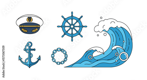 Nautical maritime theme elements featuring anchor ship wheel captain hat wave and rope motif for marine design projects