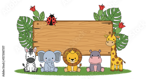 Adorable jungle animals sitting in a line ready to party together