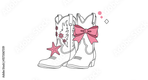 Charming pink bow embellished western boots with star accents and floral detailing for fashionable outings