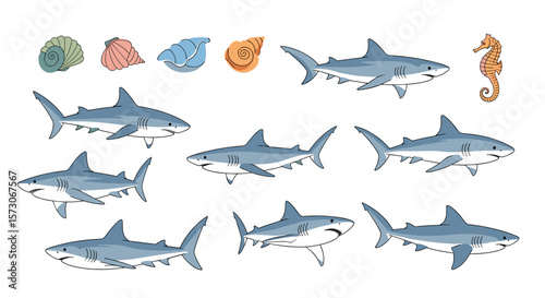 A collection of pixelated sharks and other aquatic lifeforms including a seahorse and seashells for digital art and design projects