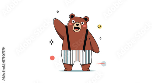 Friendly brown bear waving hello with a big smile and wearing suspenders and striped shorts on a white background