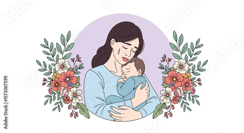 A tender moment capturing maternal love and the embrace of a newborn child amidst floral decorations