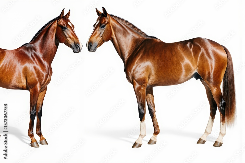 Fototapeta premium Majestic Equine Duo: Two stunning horses with sleek, shiny coats stand gracefully side by side, their elegant forms embodying strength, beauty, and equine perfection.