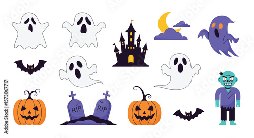 Spooky halloween collection featuring ghosts bats pumpkins haunted castle and creepy zombie decorations for the frightening holiday celebration