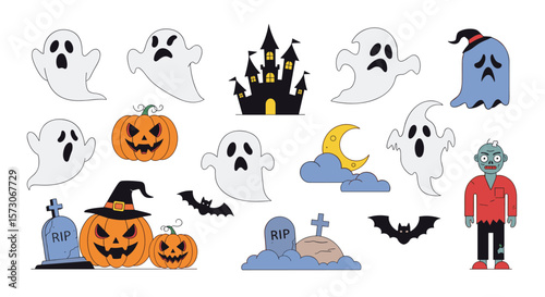 Creepy and spooky halloween icons featuring ghosts pumpkins bats zombie and haunted castle decorations for the holiday