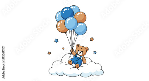 Adorable teddy bear floating high up in the sky holding a bunch of colorful balloons and sitting on a fluffy cloud illustration