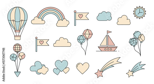 Whimsical collection of dreamlike elements featuring hot air balloons rainbows clouds flags hearts and more