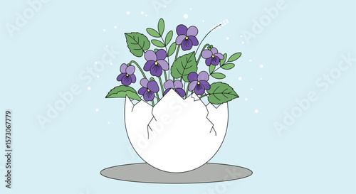A delicate bunch of purple violets blooms inside a charming white cracked eggshell planter representing a gentle spring awakening