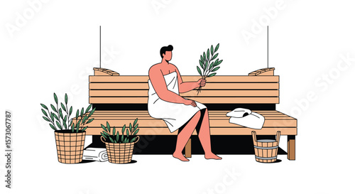Man enjoying a traditional sauna experience with aromatic birch leaves and hot stone relaxation