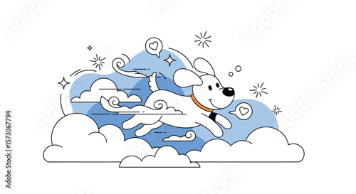 Joyful dog running through snow covered mountains with swirling winds and falling snowflakes illustration