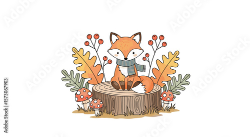 Charming illustration of a cute autumn fox sitting on a tree stump surrounded by fall foliage and berries