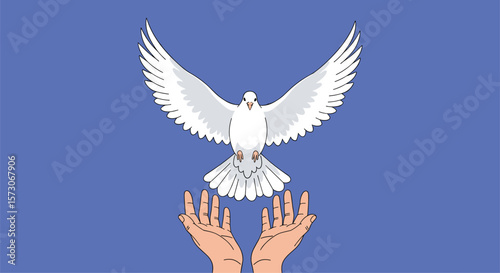 A symbol of peace white dove is released from caring hands into a clear blue sky signifying hope and freedom