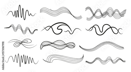 A collection of diverse abstract wavy line graphics illustrating dynamic visual patterns and sound waveforms representing movement and energy