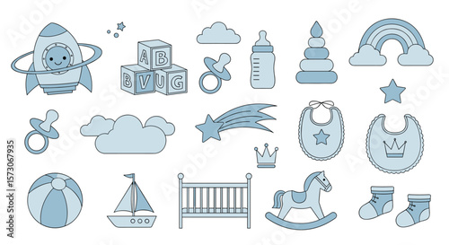 Whimsical collection of baby items and toys in soft blue hues depicting childhood dreams and playful adventures