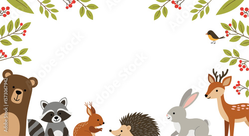 Charming forest animals gathering together in a whimsical woodland setting with delicate floral accents and a tiny bird