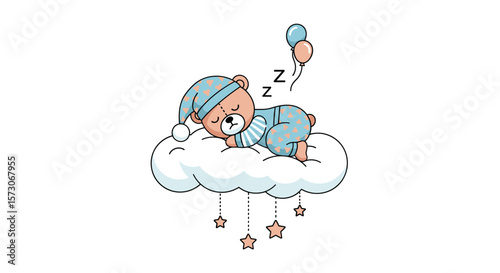 Adorable baby bear wearing pajamas and nightcap sleeping peacefully on a fluffy cloud with stars hanging down