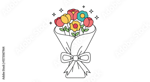 Beautiful vibrant bouquet of fresh flowers wrapped in white paper tied with a charming bow sparkles around the blooms