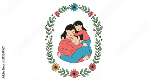 A heartwarming portrait of a mother embracing her two children with love and affection within a floral wreath