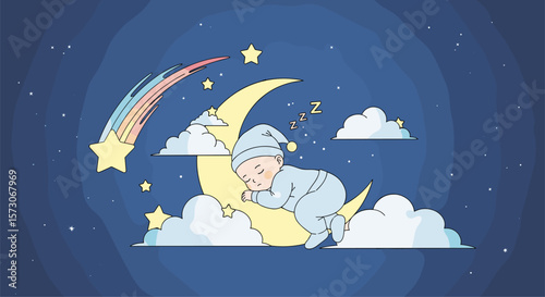 Pixel art night sky scene featuring a sleeping figure on a crescent moon surrounded by clouds and a shooting star