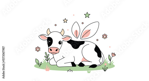 Charming illustration of a whimsical cow with delicate butterfly wings resting peacefully in a lush meadow surrounded by wildflowers and gentle fluttering insects