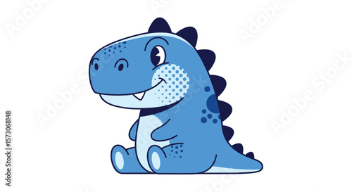 A joyful blue dinosaur cartoon character sitting with a friendly smile and playful eyes