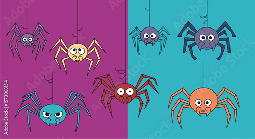 Spooky halloween spiders hanging and scuttling on purple and teal backgrounds in a cute pixel art style