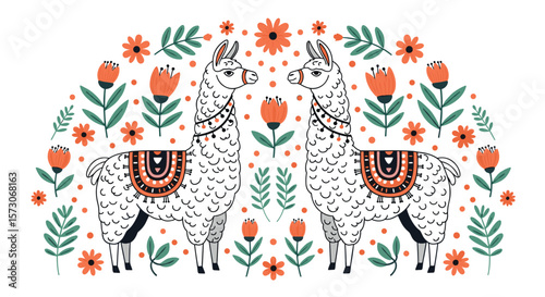 Charming folk art illustration featuring two adorable llamas surrounded by vibrant floral designs and greenery