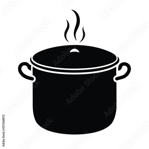 The black cooking pot with visible steam emits heat from the freshly made food; transparent