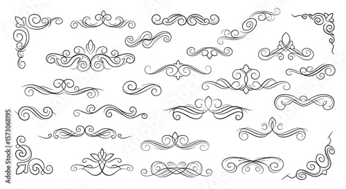 Collection of decorative flourishes and ornate border elements for artistic design projects and vintage style creations