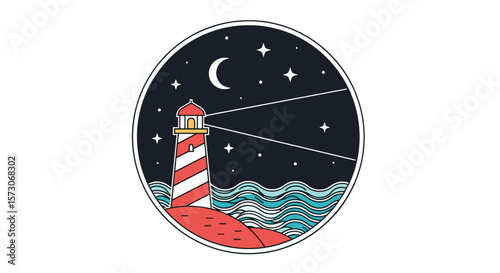 A tall red and white striped lighthouse illuminates the night sky over wavy ocean waters