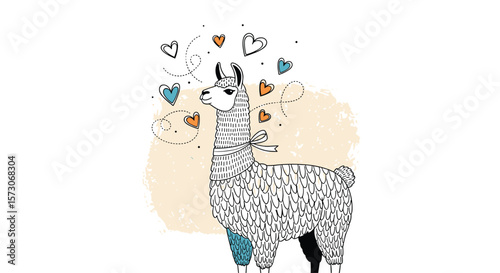 Adorable boho llama with heart shapes and tribal patterns for childrens apparel and decorations
