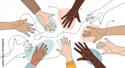 Diverse hands reaching together creating a unity symbol with connecting lines representing collaboration and community spirit