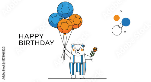 Adorable cartoon bear holding a bouquet of flowers and balloons wishing you a very happy birthday celebration