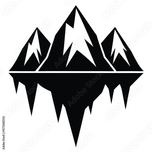 Three black mountain peaks reflect starkly below, forming an inverted of the peaks