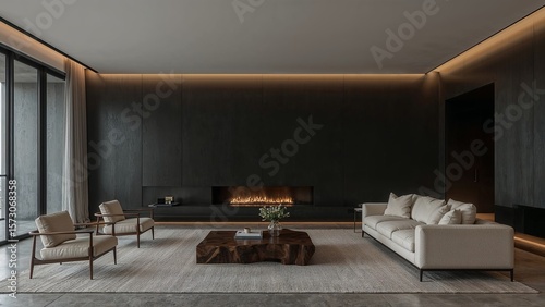 Spacious living room with dark light background