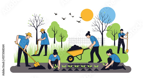 Diverse group of people working together on a community garden project planting seedlings and tending to the soil under the bright sun