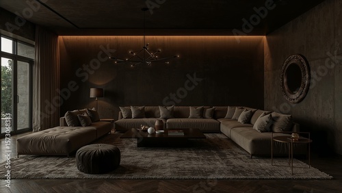 Spacious living room with dark light background