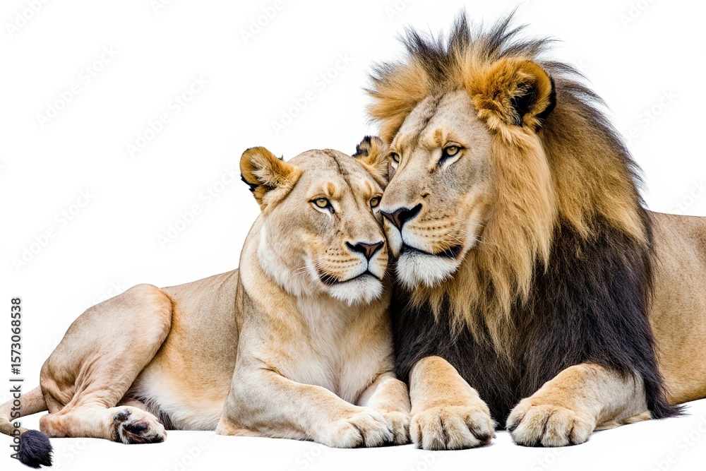 Obraz premium Lion Couple's Intimate Connection: A majestic lion and lioness, a regal couple, share a tender moment, their bond evident in their closeness.