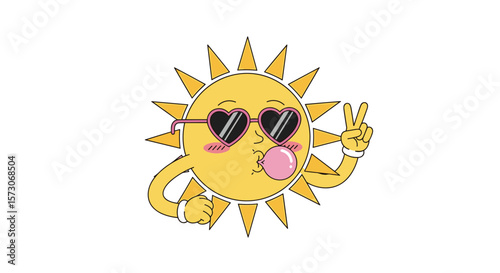 Happy cartoon sun character wearing heart shaped sunglasses blowing bubblegum and making peace sign