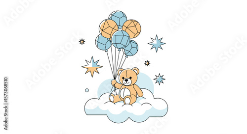 Adorable teddy bear ascending into a dreamy sky filled with balloons and stars