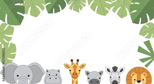 Adorable wild jungle safari animals celebrating a fun birthday party with lush greenery overhead