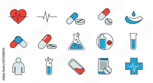 Medical health science drug research pharmaceutical innovation healthcare technology and medicine icons set