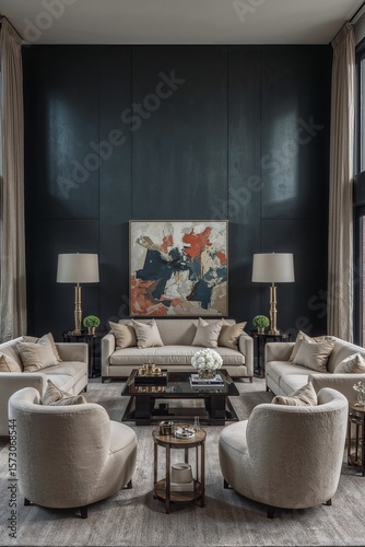 Spacious living room with dark light background