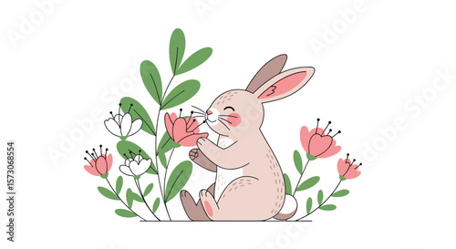 Adorable bunny enjoys spring flowers amidst lush greenery delicate petals and leafy stems create a charming woodland scene