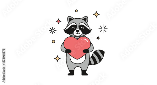 Adorable raccoon holding a big red heart surrounded by sparkles and stars for valentine's day celebrations and romantic occasions