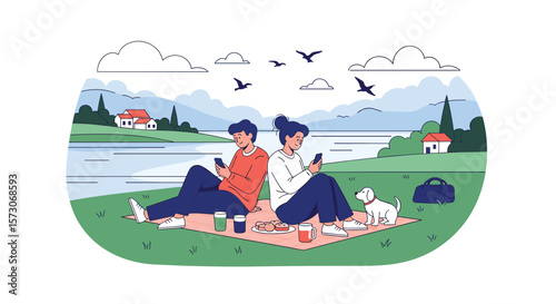 Two friends enjoying a beautiful day outdoors by the water with their phones and a cute dog beside them