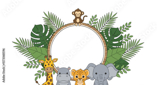 Cute cartoon jungle animals forming a circle with green tropical leaves and monkey on top perfect for baby shower decorations and invitations