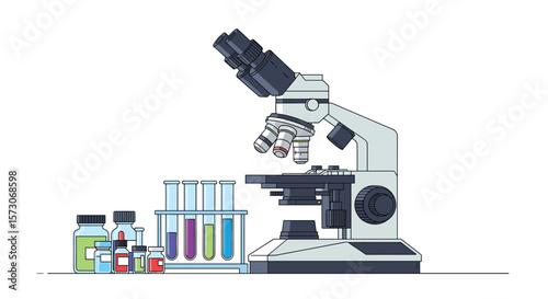 Microscopic examination of biological samples in a laboratory setting with various scientific instruments and test tubes filled with colorful liquids representing research and development