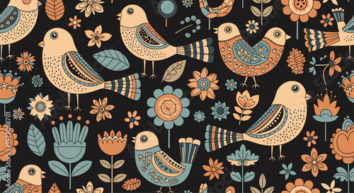 Charming folk art birds and flowers in a repeating pattern on a dark background
